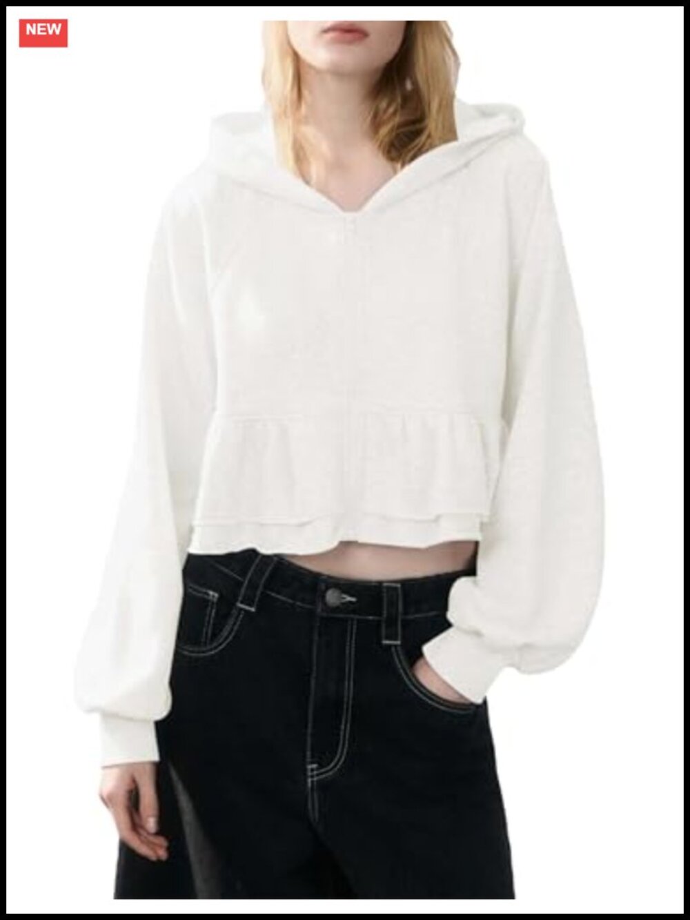 Womens Cropped Ruffle Zip Up Hoodie Y2K Peplum Sweatshirt